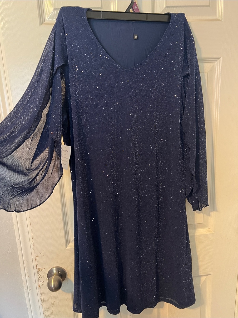 Glitter Navy V-Neck Long Sleeve Evening Dress